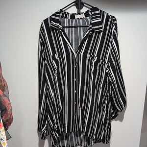 Just Living Black and White Striped Button-Down Blouse